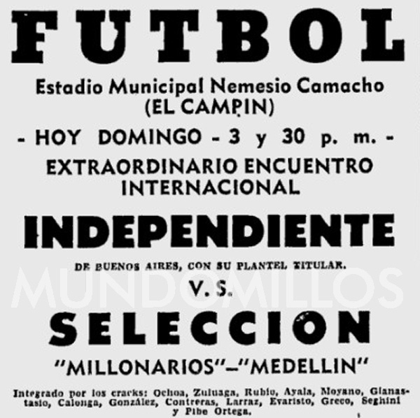 Poster de publicidad del partido entre Millos/DIM vs. Independiente. Febrero de 1957