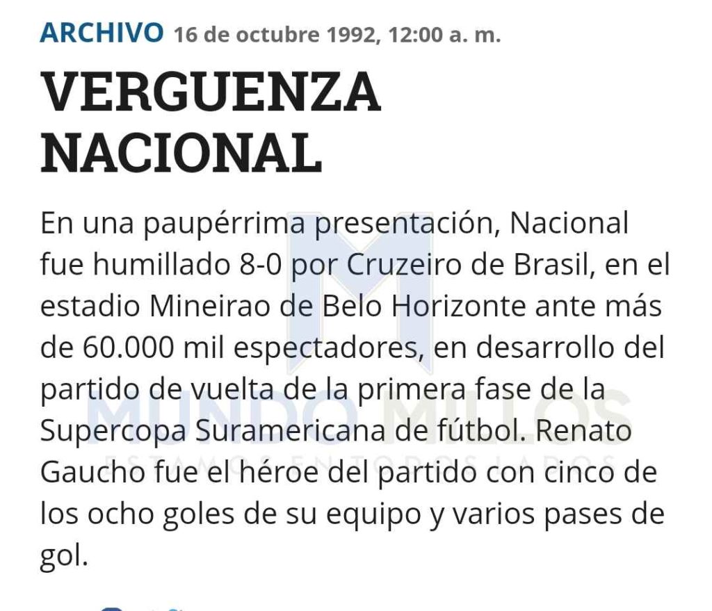 Crónica del Diario El Tiempo de Cruzeiro 8-0 Nacional (1992)