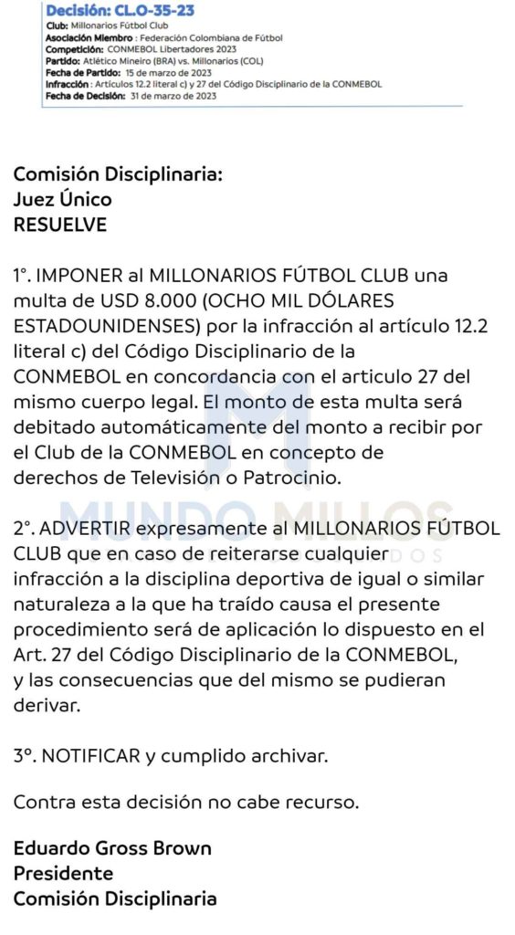 Multa de Conmebol a Millonarios, partido frente a Atlético Mineiro de visitante