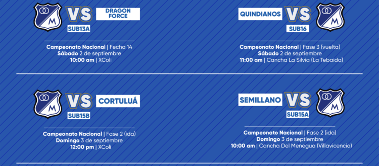 Programación fútbol base Millonarios septiembre 2-3 2023