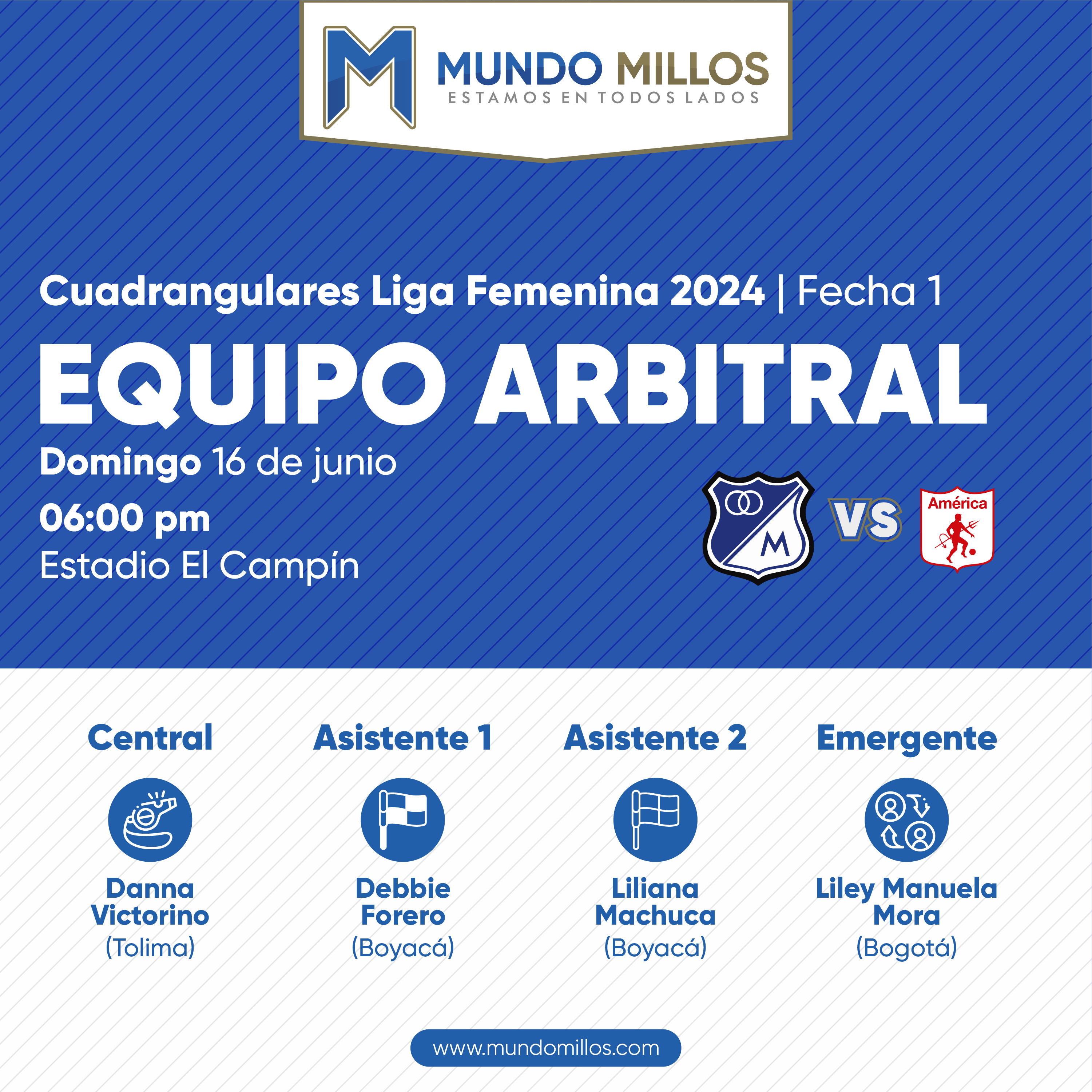 Árbitros Millonarios vs América Cuadrangulares Liga Femenina 2024