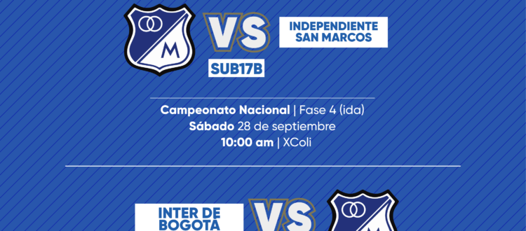 Programación fútbol base Millonarios septiembre 28 de 2024