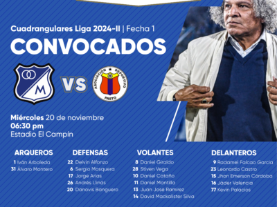 Convocados de Millonarios vs Pasto Cuadrangulares 2024