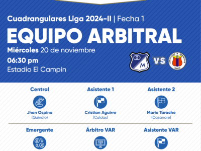 Árbitros Millonarios vs Pasto cuadrangulares 2024