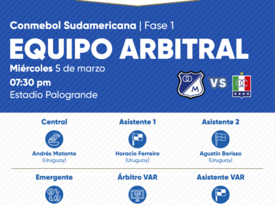 Árbitros Once Caldas vs Millonarios Conmebol Sudamericana 2025