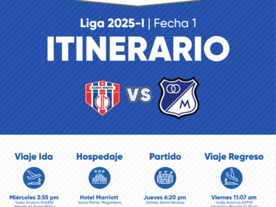 Itinerario de Millonarios para su partido en Santa Marta