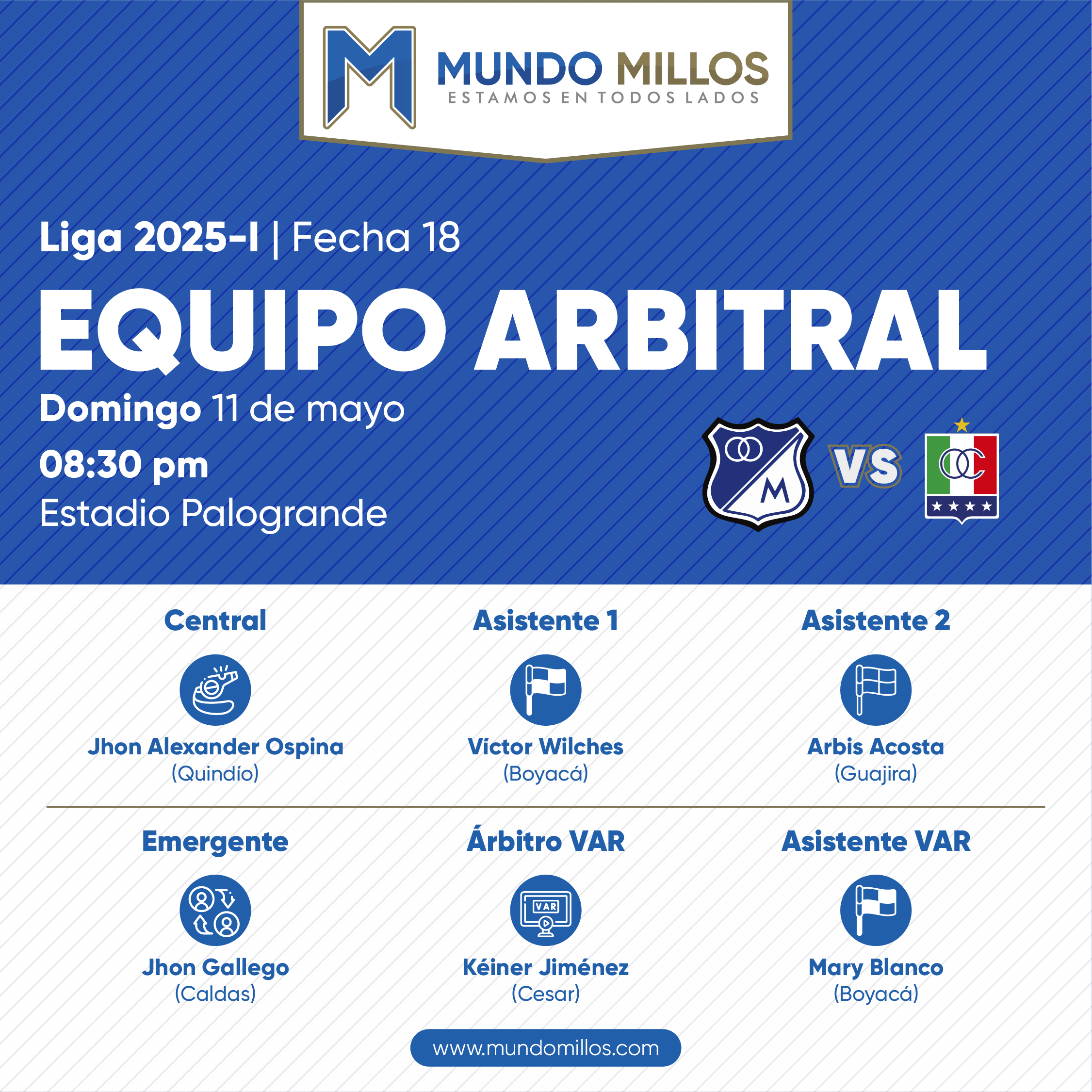 Árbitros Once Caldas vs Millonarios 2025