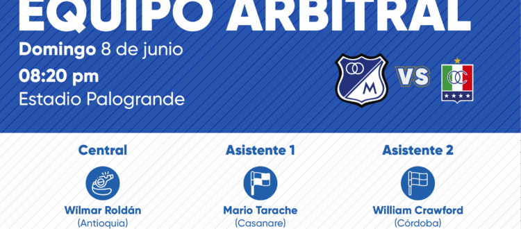 Árbitros Once Caldas vs Millonarios Cuadrangulares 2025-I