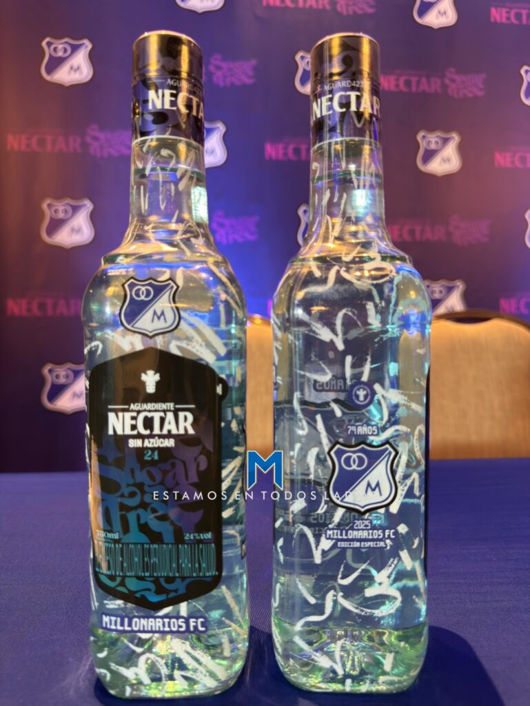 Nueva botella de Aguardiente Néctar edición especial Millonarios 2025