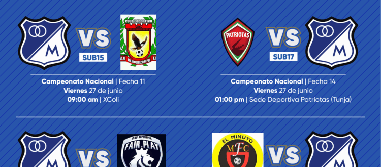 Programación fútbol base Millonarios junio 27 2025