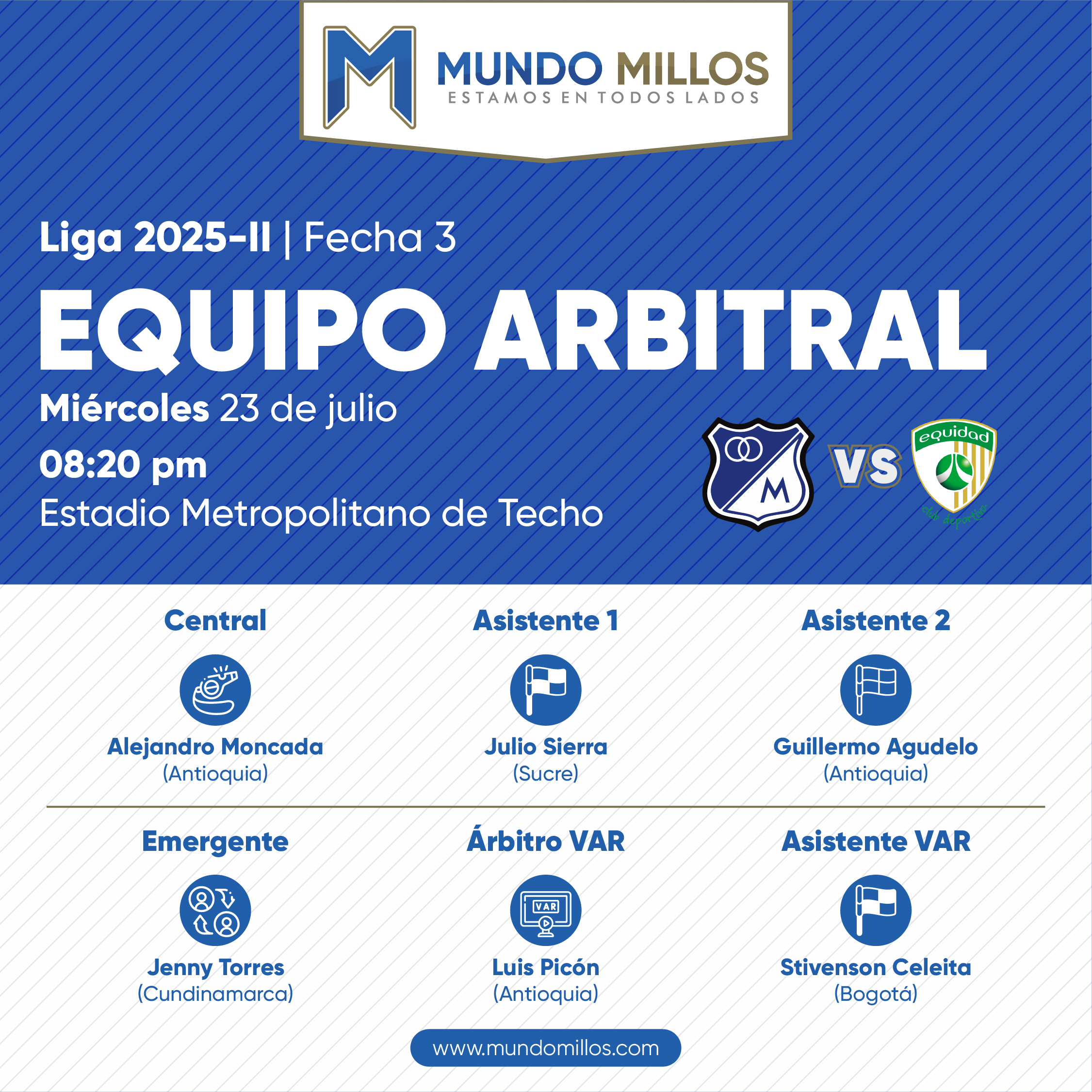 Árbitro Equidad vs Millonarios 2025