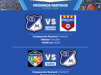 Programación Fútbol Base Millonarios julio 5 2025