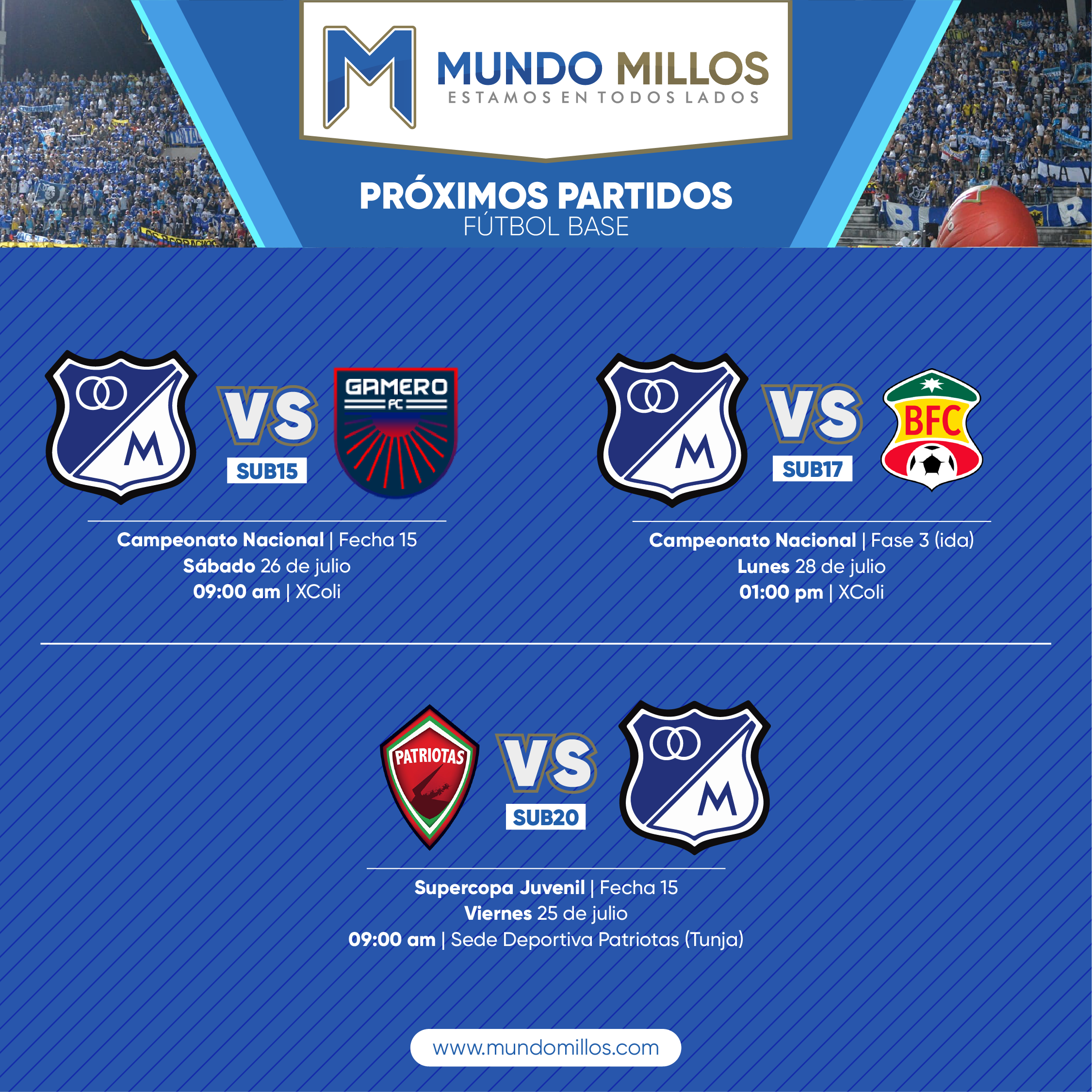 Programación Fútbol Base Millonarios julio 25 2025