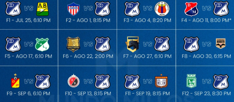 Fixture de Millonarios en el Finalización 2026